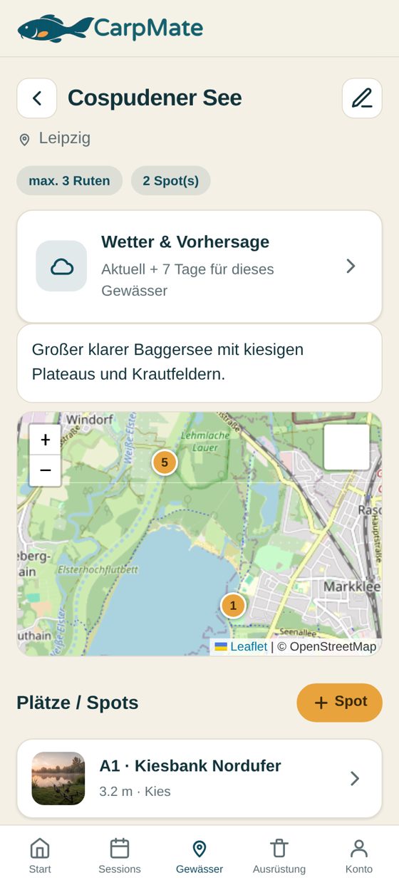 Gewässer mit Spots auf der Karte